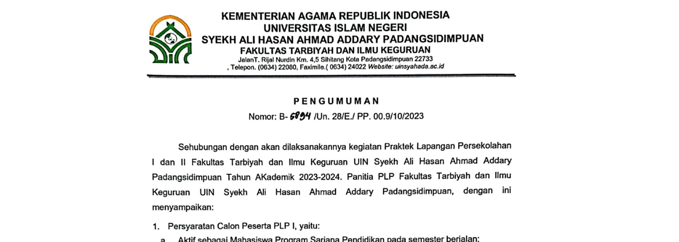 Pengumuman Pelaksanaan Praktek Lapangan Persekolahan (PLP) TA 2023/2024