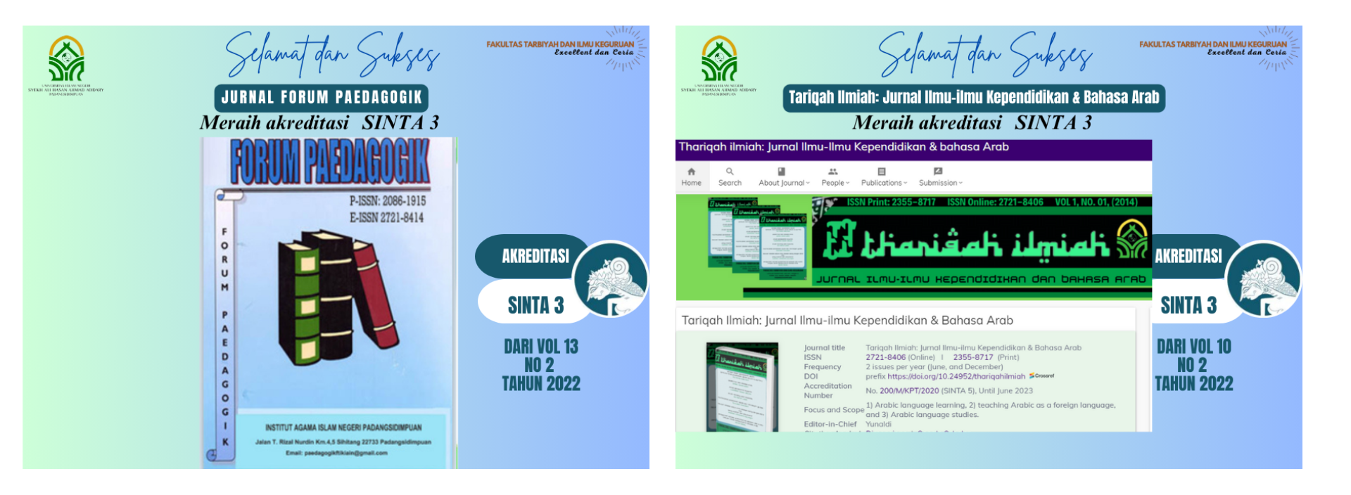 THARIQAH ILMIAH ; JURNAL ILMU-ILMU KEPENDIDIKAN & BAHASA ARAB dan FORUM PAEDAGOGIK Berhasil Meraih Peringkat 3 (tiga) SINTA